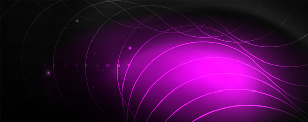 Dark abstract background with bright color neon lights and lines. Glowing background