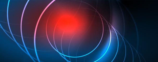 Trendy neon blue abstract design with waves and circles. Neon light glowing effect. Abstract digital background.