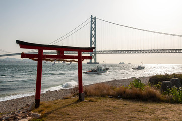 朝日で赤色が美しい神社の建築物と橋