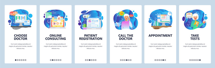 Mobile app onboarding screens. Online medical consulting, chat with doctor, sick patient. Menu vector banner template for website and mobile development. Web site design flat illustration