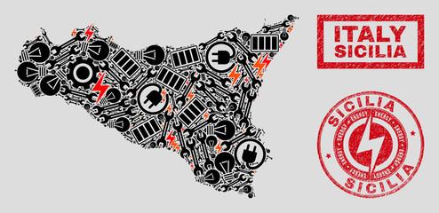 Composition of mosaic power supply Sicilia map and grunge watermarks. Collage vector Sicilia map is composed with service and innovation icons. Black and red colors used.