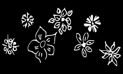 Abstract wildflowers outline set isolated on black background. Hand drawn  illustration. Wildflowers collection. Doodle style