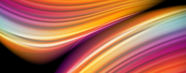 Obraz premium Abstract wave lines fluid rainbow style color stripes on black background. Artistic illustration for presentation, app wallpaper, banner or poster