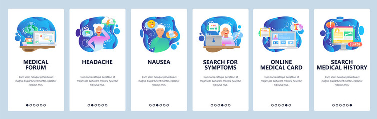 Mobile app onboarding screens. Sick female patient, headache, nausea, search symptoms. Menu vector banner template for website and mobile development. Web site design flat illustration