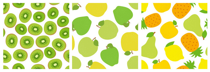 Kiwi slice. Apple, lemon, pear and pineapple. Fruit seamless pattern set. Fashion design. Food print for clothes, linens or curtain. Hand drawn vector sketch. Exotic background collection