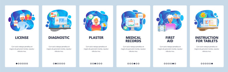Mobile app onboarding screens. Drugs information, first aid, nurse, medical records. Menu vector banner template for website and mobile development. Web site design flat illustration