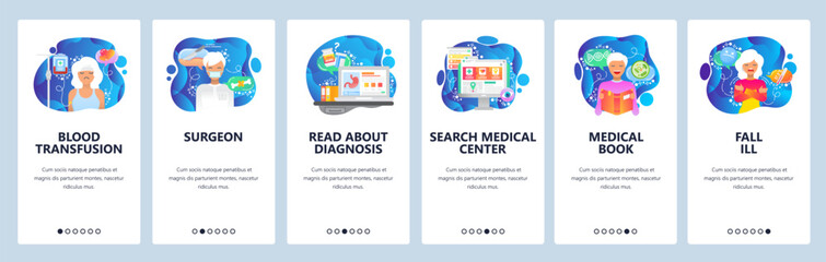 Mobile app onboarding screens. Surgeon doctor, blood transfusion, medical book, sick female patient. Menu vector banner template for website and mobile development. Web site design flat illustration