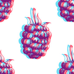 Fresh blackberry seamless pattern. Vector background with colorful fruits. Hand drawn engraving sketch. Anaglyph 3d stereo effect.