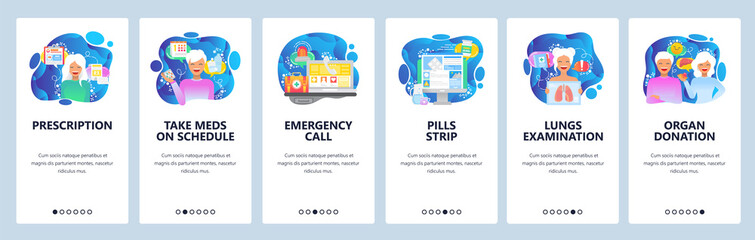Mobile app onboarding screens. Prescription drugs, organ donation, emergency call, first aid. Menu vector banner template for website and mobile development. Web site design flat illustration