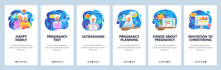 Mobile app onboarding screens. Pregnant woman, pregnancy test, ultrasound, happy family. Menu vector banner template for website and mobile development. Web site design flat illustration