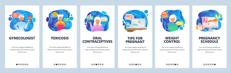 Mobile app onboarding screens. Gynecologist doctor, pregnancy, oral contraceptives. Menu vector banner template for website and mobile development. Web site design flat illustration