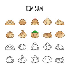 Set of icons of Dim Sum. Color and outline. Hot food