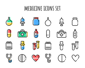 Medicine icon set. Outline and color.