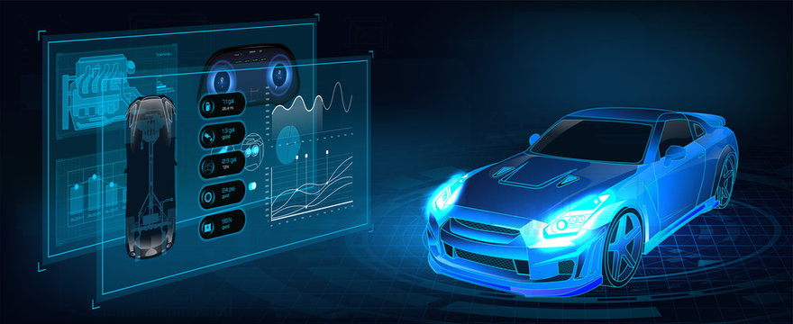 Futuristic auto service, car scanning and complete statistics and information on HUD-style display. Modern auto service. HUD, FUI, UI infographic. Vector illustration modern auto service. Scanning car