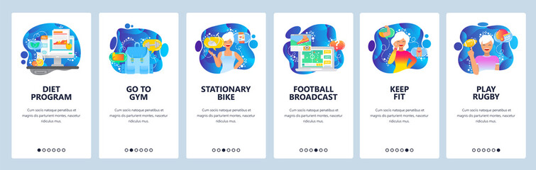 Mobile app onboarding screens. Fitness, diet and healthy lifestyle. Football and soccer game. Menu vector banner template for website and mobile development. Web site design flat illustration