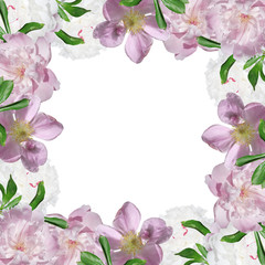 Beautiful floral background of peonies and rose hips. Isolated