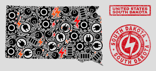 Composition of mosaic power supply South Dakota State map and grunge stamp seals. Mosaic vector South Dakota State map is designed with gear and lamp symbols. Black and red colors used.