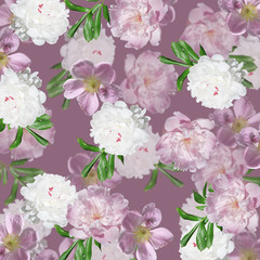 Beautiful floral background of peonies and dogrose. Isolated