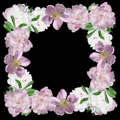 Fototapeta na wymiar Beautiful floral pattern of peonies and dogrose. Isolated