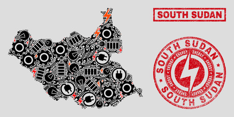 Composition of mosaic power supply South Sudan map and grunge stamp seals. Mosaic vector South Sudan map is created with equipment and electric symbols. Black and red colors used.