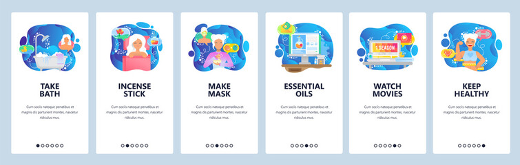 Mobile app onboarding screens. Relax and spa, beauty salon, healthy lifestyle. Menu vector banner template for website and mobile development. Web site design flat illustration