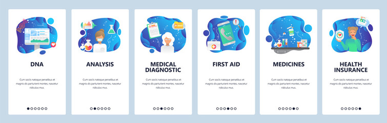 Mobile app onboarding screens. Pharmacy lab, drugs, DNA analysis, first aid, clinic doctor. Menu vector banner template for website and mobile development. Web site design flat illustration
