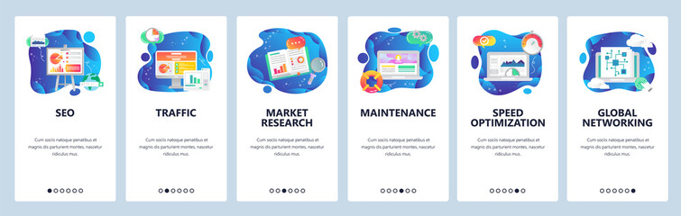 Mobile app onboarding screens. SEO and digital marketing, market research, speed optimization. Menu vector banner template for website and mobile development. Web site design flat illustration