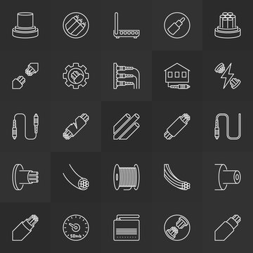 Fiber-optic communication vector outline icons collection. Optical fiber concept linear signs on dark background