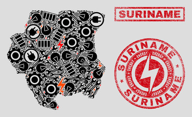 Composition of mosaic power supply Suriname map and grunge stamps. Mosaic vector Suriname map is composed with service and energy symbols. Black and red colors used. Concept for power supply business.
