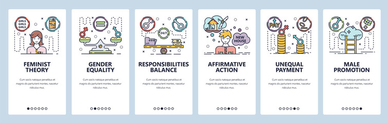 Mobile app onboarding screens. Feminism and sex rights, man and woman equality. Menu vector banner template for website and mobile development. Web site design flat illustration
