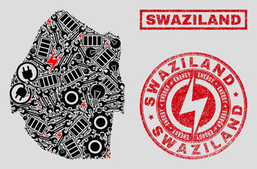 Composition of mosaic electrical Swaziland map and grunge stamp seals. Mosaic vector Swaziland map is composed with equipment and power symbols. Black and red colors used.