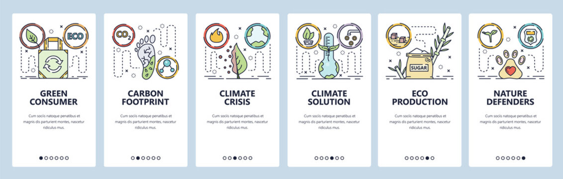 Mobile app onboarding screens. Global warming and climate change. Carbon footprint, nature protection. Menu vector banner template for website and mobile development. Web site design flat illustration