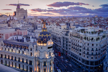 Downtown areal view of Madris from the Circulo de Bellas Artes at sunset with colourful sky. Madrid, Spain