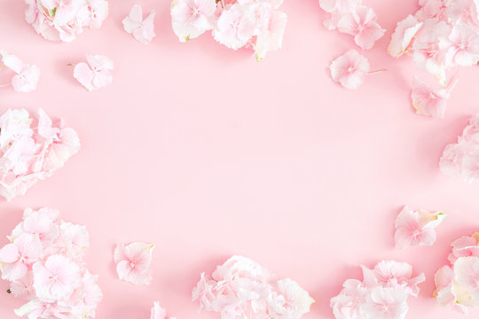 Flowers composition. Hydrangea flowers on pastel pink background. Flat lay, top view, copy space