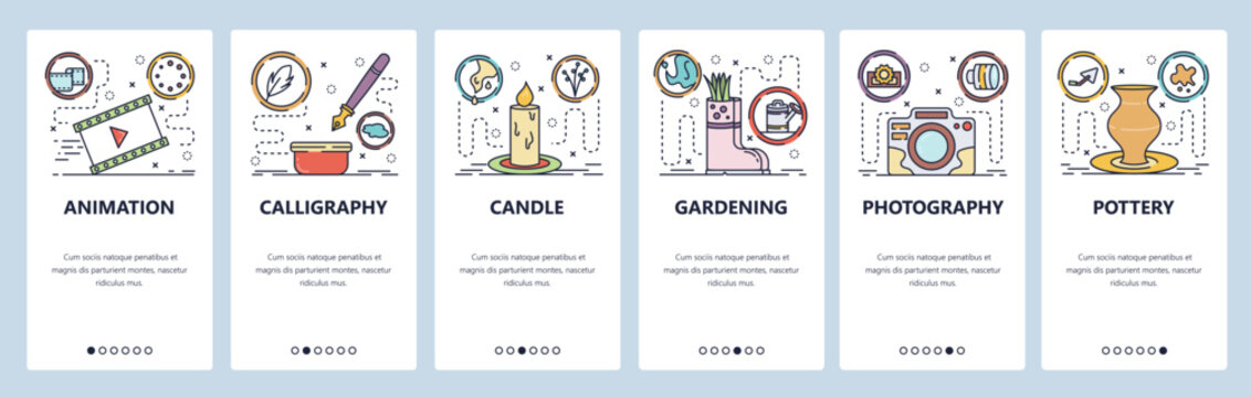Mobile app onboarding screens. Hobby and leisure activities, photography, calligraphy, animation, gardening. Menu vector banner template for website and mobile development. Web site flat illustration