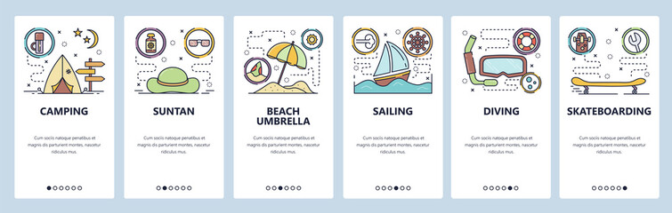 Mobile app onboarding screens. Summer leisure activities, beach vacation, travel and camping, sailing, diving. Vector banner template for website and mobile development. Web site flat illustration