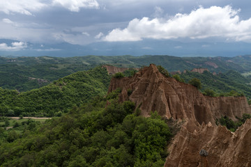 Rozhen pyramids -a unique pyramid shaped mountains cliffs in Bulgaria, near Melnik town.