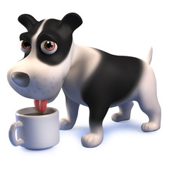 Cartoon puppy dog in 3d drinking coffee from a mug