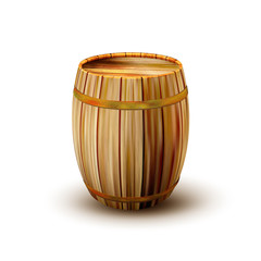 Standing Vintage Wooden Barrel Side View Vector. Closed Barrel With Metal Rings For Production And Storage Alcohol Beverage. Design Closeup Container Object Realistic 3d Illustration
