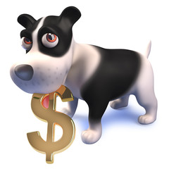 Funny cartoon 3d puppy dog character holding a US dollar currency symbol