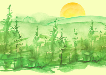 Watercolor painting, picture,  landscape - forest, nature, tree. Green, summer trees, fir, pine, yellow sun. It can be used as logo, card, illustration.