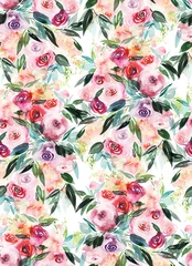 Wallpaper murals Light Pink Seamless summer pattern with watercolor flowers handmade.