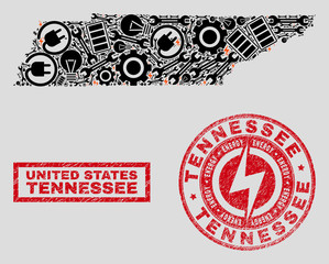 Composition of mosaic power supply Tennessee State map and grunge seals. Mosaic vector Tennessee State map is composed with workshop and power elements. Black and red colors used.