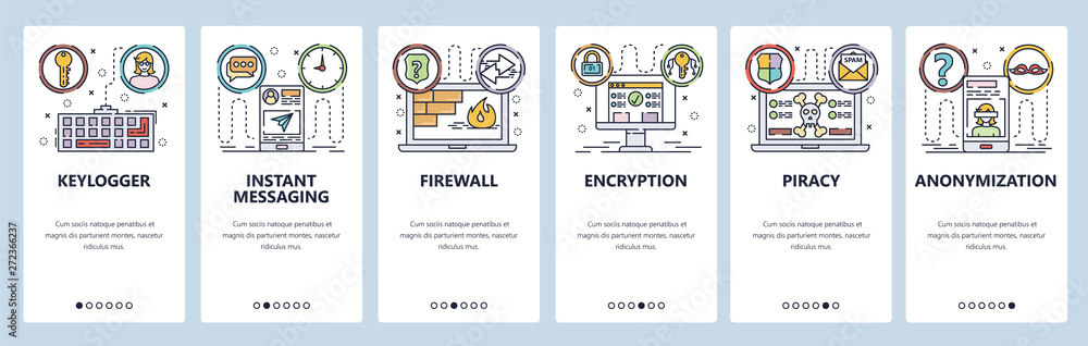 Poster mobile app onboarding screens. pivate security, keylogger, spyware, instant messaging, smartphone en