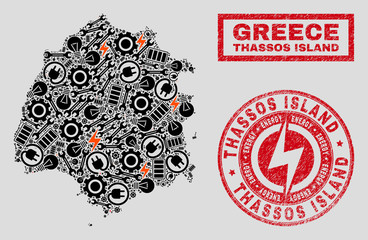 Obraz premium Composition of mosaic power supply Thassos Island map and grunge stamps. Mosaic vector Thassos Island map is composed with hardware and power symbols. Black and red colors used.