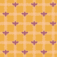 Vector Honey Bees on Plaid seamless pattern background.