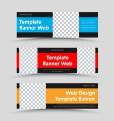 Vector black horizontal web banners design with color rectangles and place for photo.
