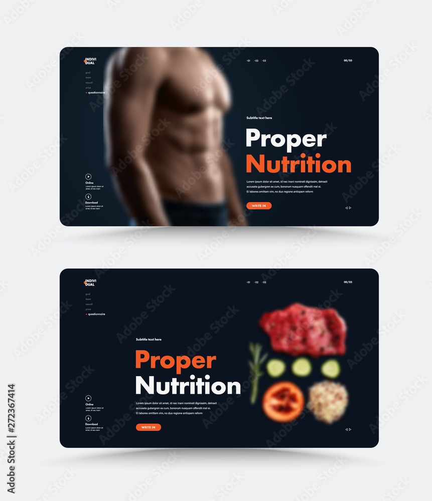 Aufkleber vector black page web site template for personal trainer or nutritionist with proper nutrition heade