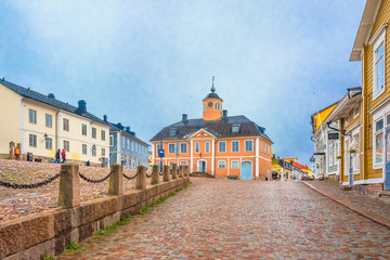 Scenic view of the Finnish city of Parvoo. Neat colorful buildings in the old center. Stone...