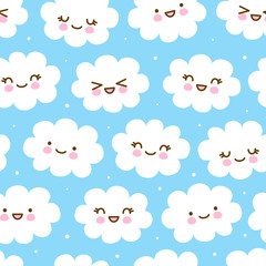 Seamless pattern with cute cartoon clouds on blue sky background